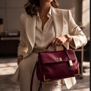 Badgley Mischka Burgundy Pebbled Leather Satchel Top Handle Crossbody